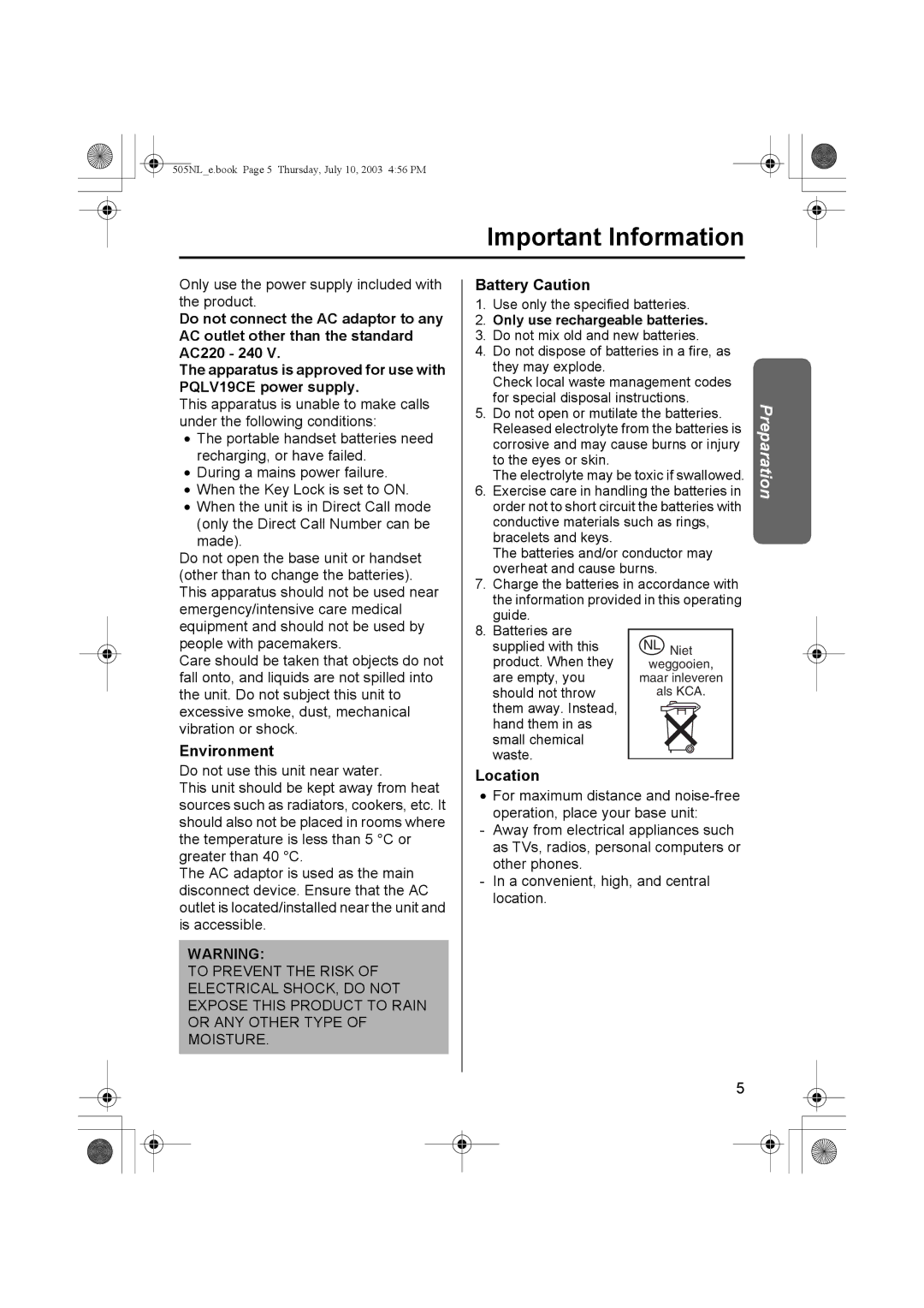 Panasonic KX-TCD505NL operating instructions Important Information, Environment, Battery Caution, Location 