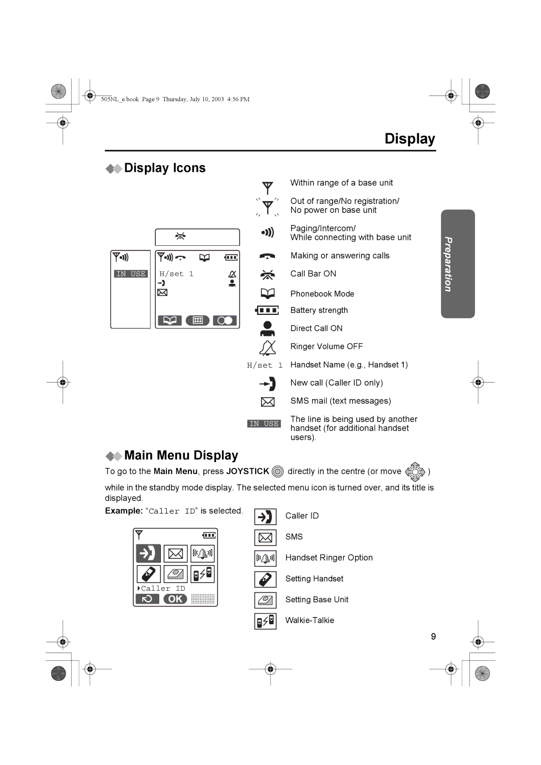 Panasonic KX-TCD505NL operating instructions Display Icons, Main Menu Display, Set 