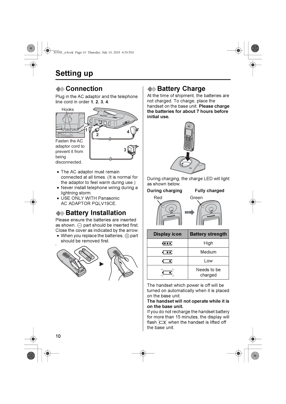 Panasonic KX-TCD505NL operating instructions Setting up, Battery Charge, During charging, Display icon Battery strength 