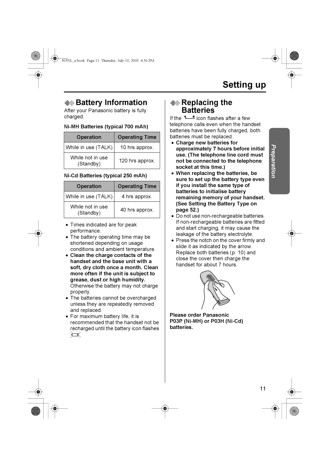 Panasonic KX-TCD505NL Battery Information, Replacing Batteries, Ni-MH Batteries typical 700 mAh Operation Operating Time 