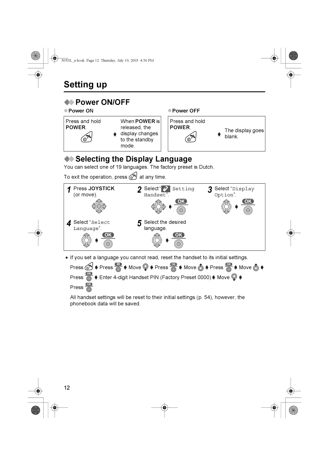 Panasonic KX-TCD505NL operating instructions Power ON/OFF, Selecting the Display Language, Power on, Power OFF 