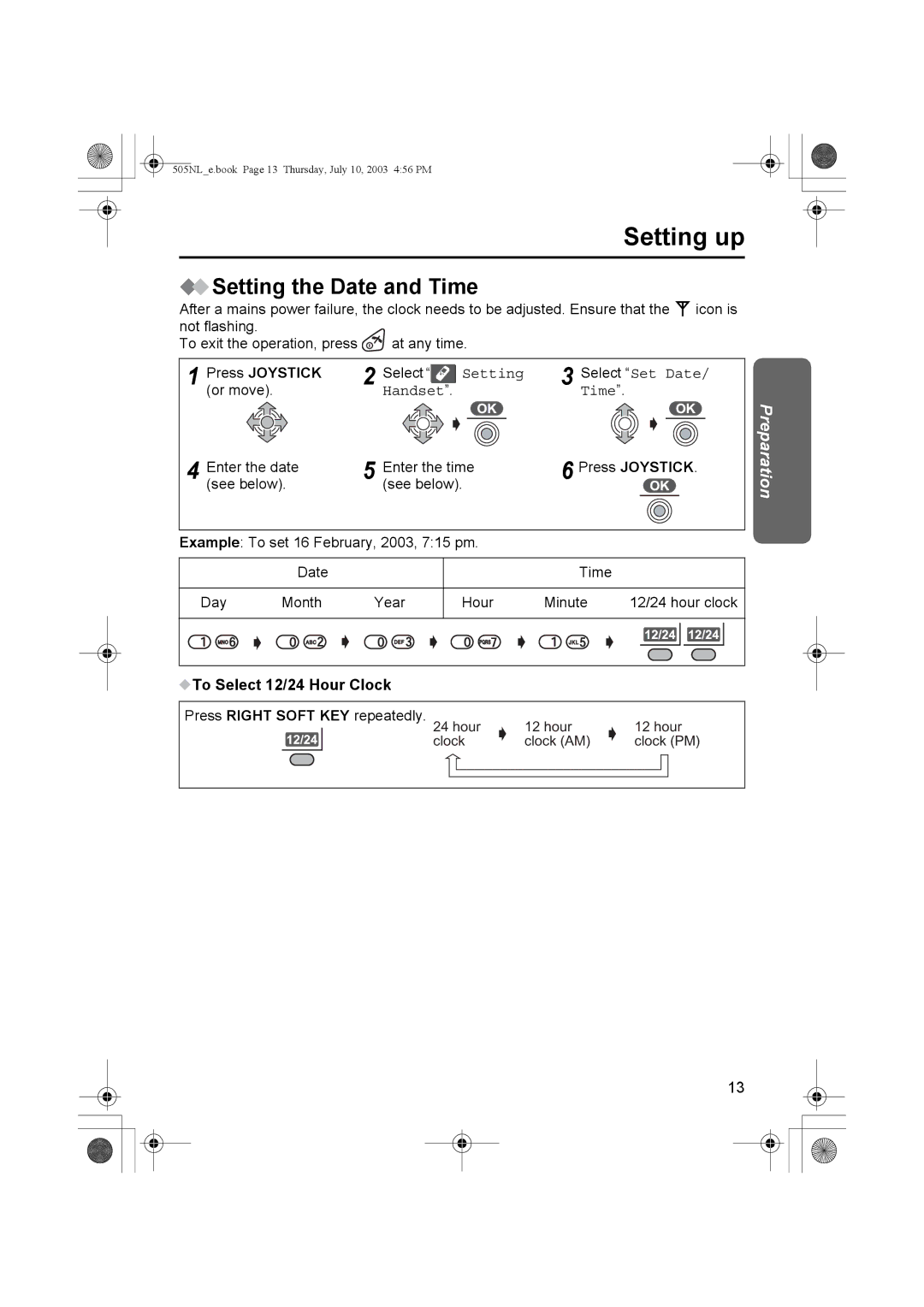 Panasonic KX-TCD505NL operating instructions Setting the Date and Time, Handset Time, To Select 12/24 Hour Clock 