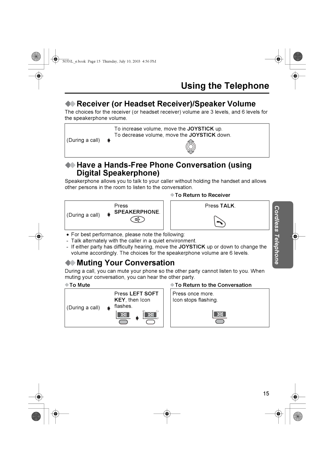 Panasonic KX-TCD505NL Receiver or Headset Receiver/Speaker Volume, Muting Your Conversation, To Return to Receiver 