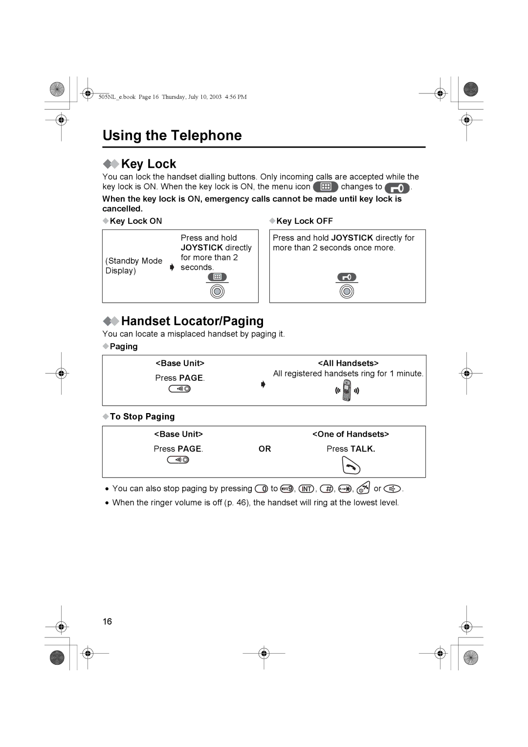 Panasonic KX-TCD505NL operating instructions Key Lock, Handset Locator/Paging 