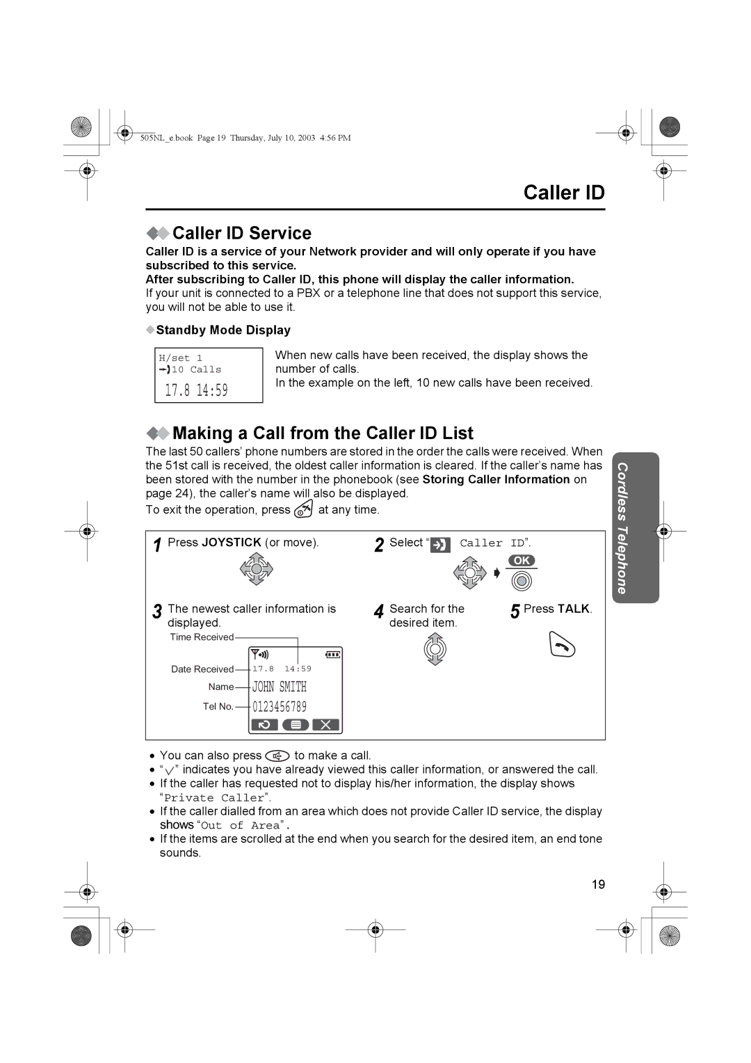 Panasonic KX-TCD505NL Caller ID Service, Making a Call from the Caller ID List, Standby Mode Display 