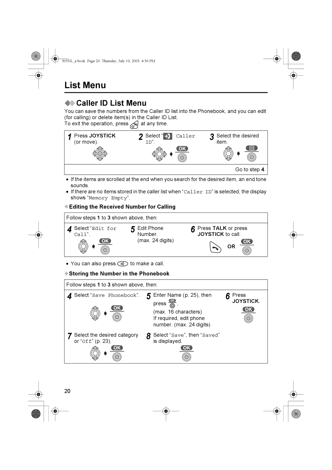 Panasonic KX-TCD505NL Caller ID List Menu, Editing the Received Number for Calling, Joystick to call 