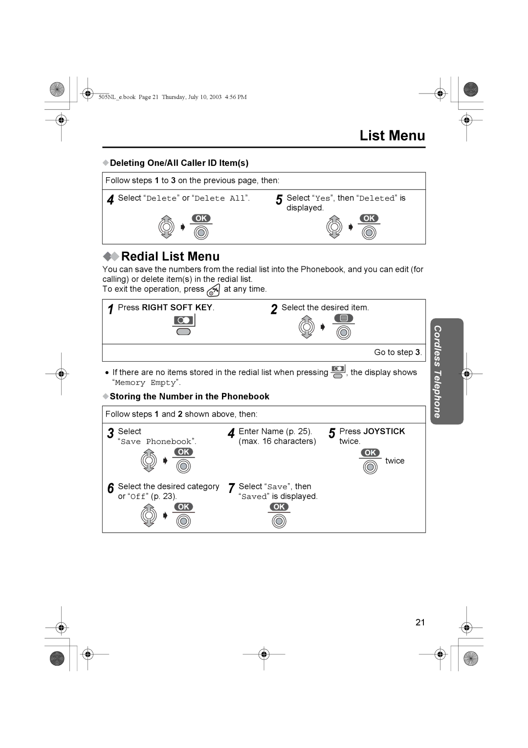 Panasonic KX-TCD505NL operating instructions Redial List Menu, Deleting One/All Caller ID Items, Save Phonebook 