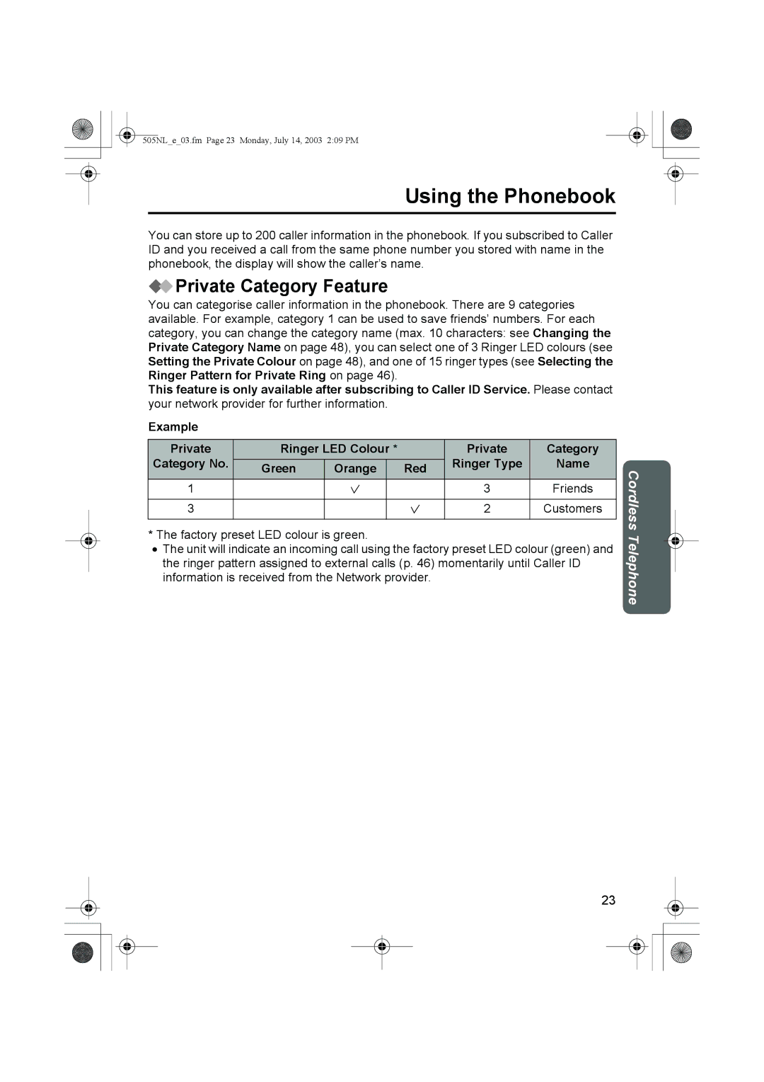 Panasonic KX-TCD505NL operating instructions Using the Phonebook, Private Category Feature, Green Orange Red 