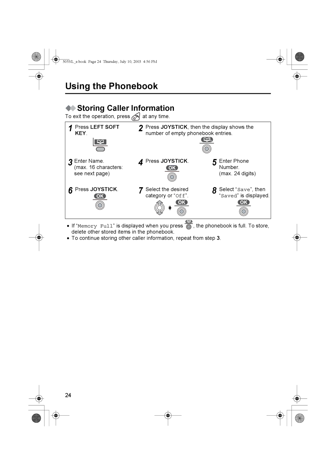 Panasonic KX-TCD505NL operating instructions Storing Caller Information, Press Left Soft 