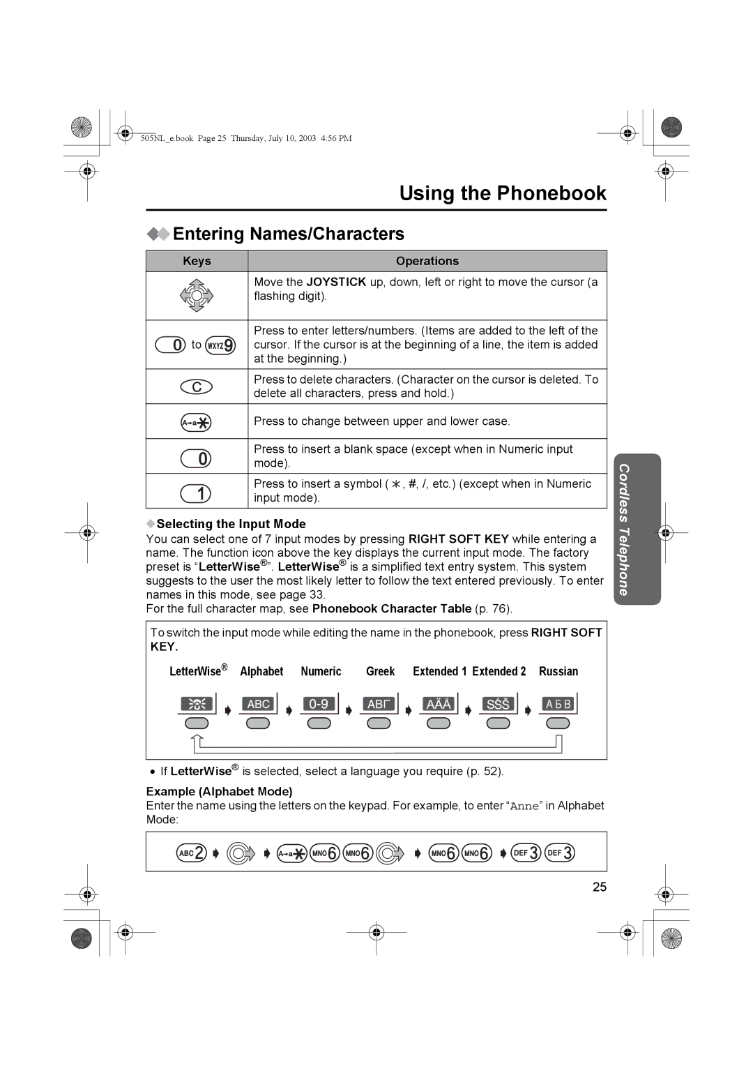 Panasonic KX-TCD505NL Entering Names/Characters, Keys Operations, Selecting the Input Mode, Alphabet Numeric Greek 