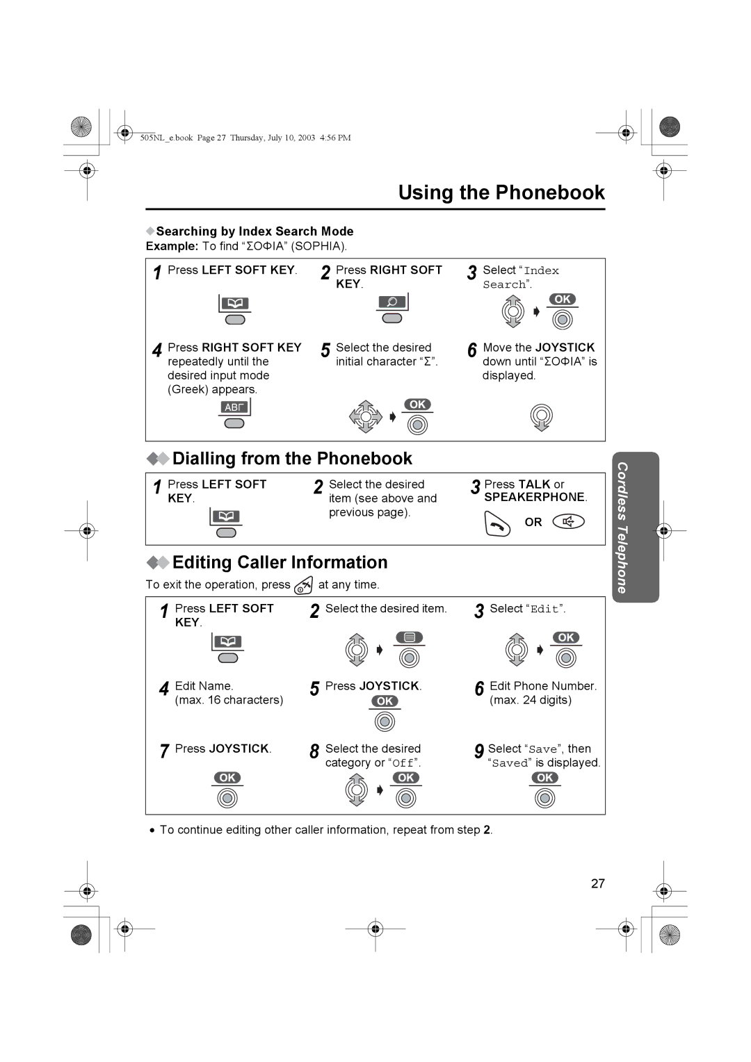 Panasonic KX-TCD505NL Dialling from the Phonebook, Editing Caller Information, Searching by Index Search Mode 