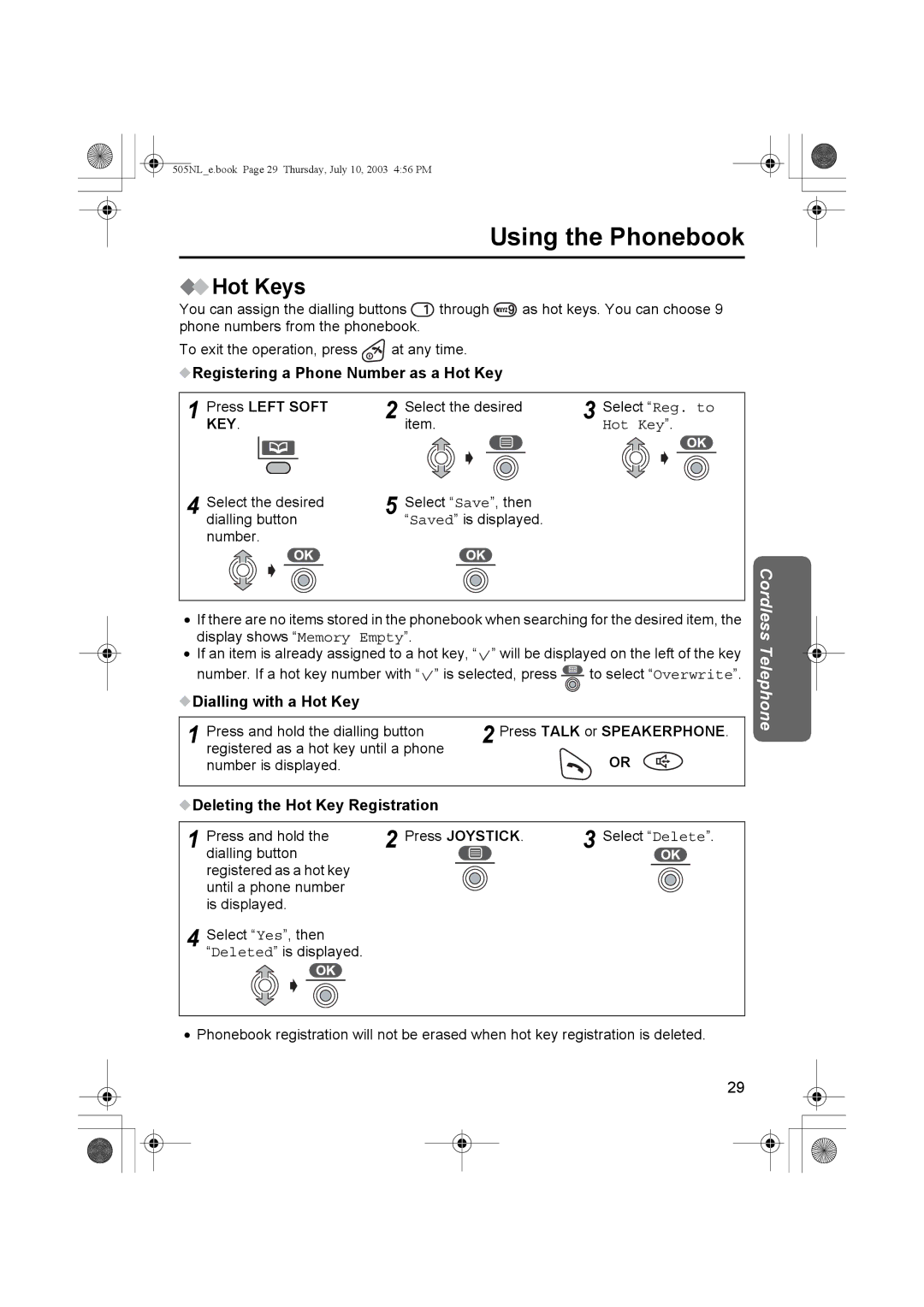 Panasonic KX-TCD505NL Hot Keys, Registering a Phone Number as a Hot Key Press Left Soft, Dialling with a Hot Key 