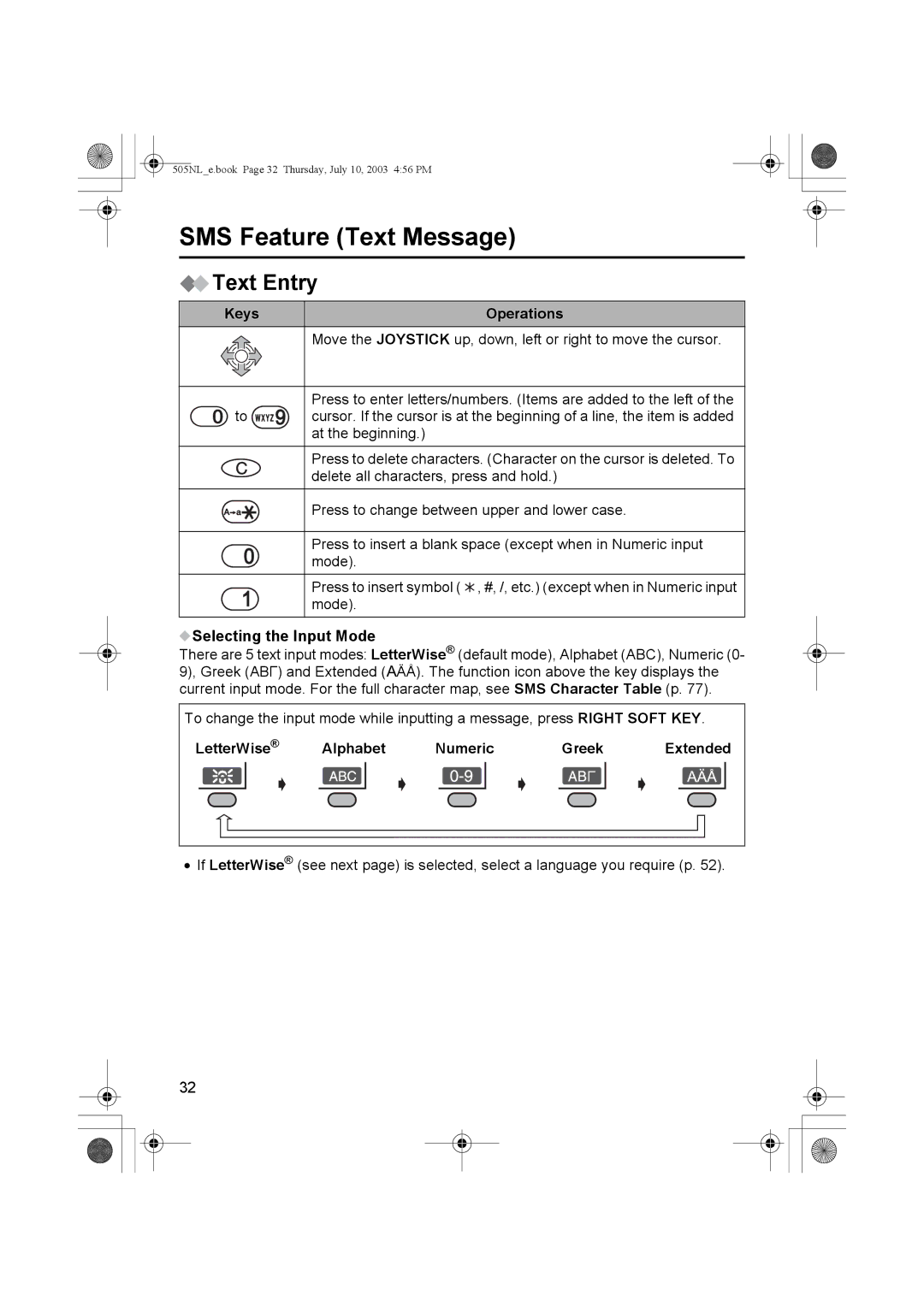 Panasonic KX-TCD505NL operating instructions Text Entry, LetterWise Alphabet Numeric Greek 