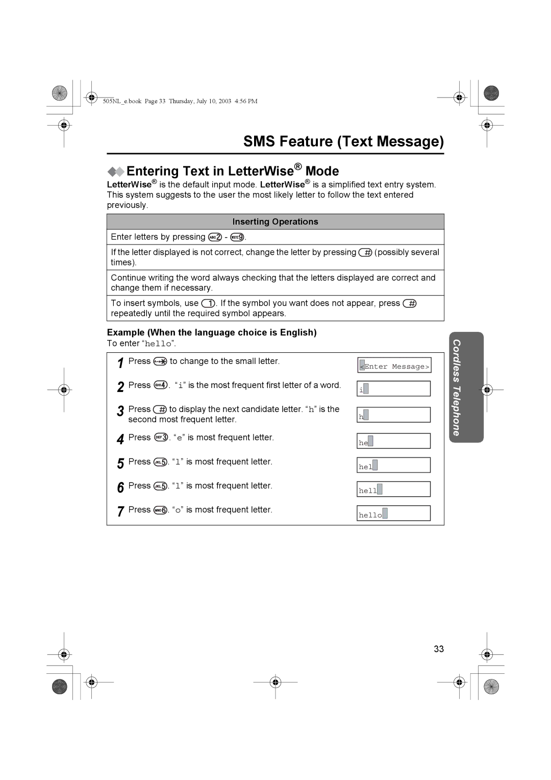 Panasonic KX-TCD505NL Entering Text in LetterWise Mode, Inserting Operations, Example When the language choice is English 