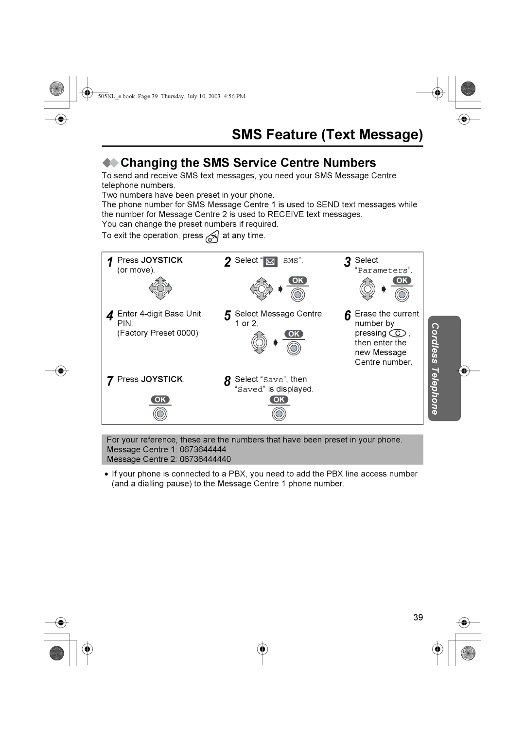 Panasonic KX-TCD505NL operating instructions Changing the SMS Service Centre Numbers, Parameters 