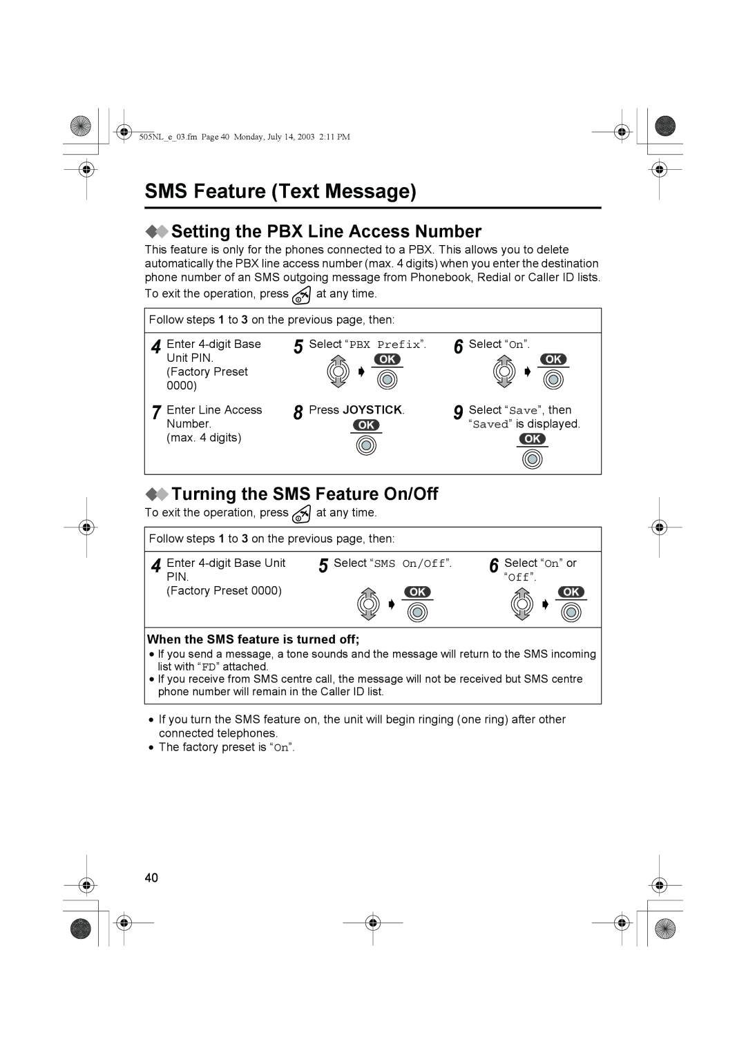 Panasonic KX-TCD505NL operating instructions Setting the PBX Line Access Number, Turning the SMS Feature On/Off 