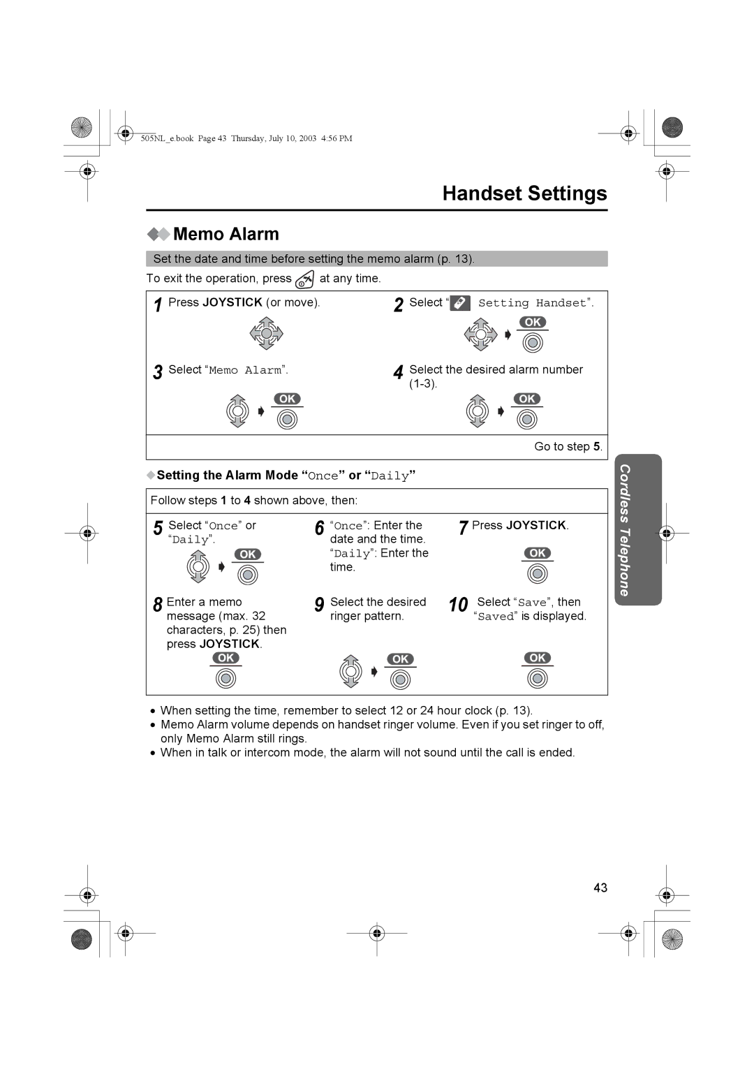 Panasonic KX-TCD505NL operating instructions Handset Settings, Memo Alarm, Setting the Alarm Mode Once or Daily 