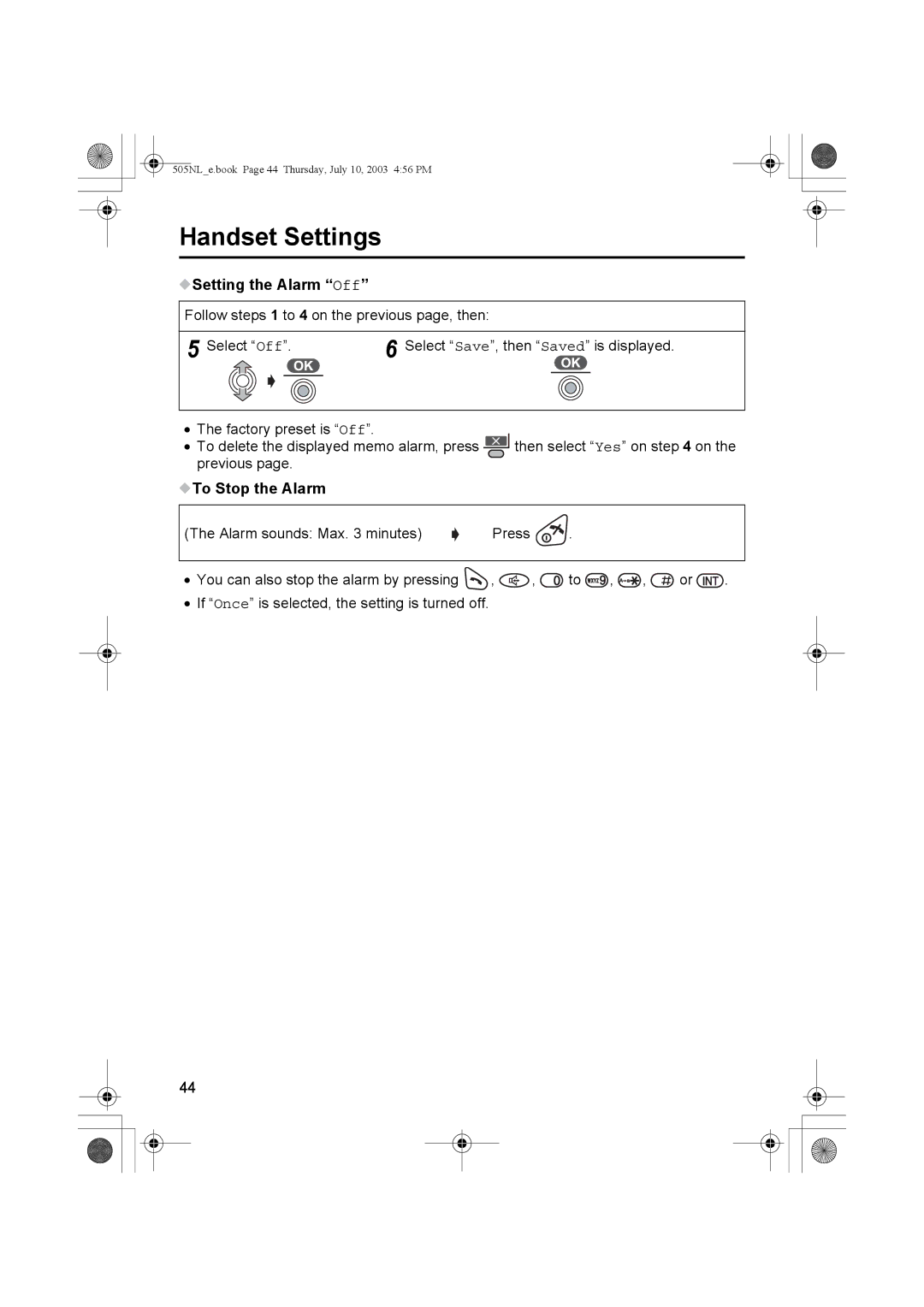 Panasonic KX-TCD505NL operating instructions Setting the Alarm Off, To Stop the Alarm 