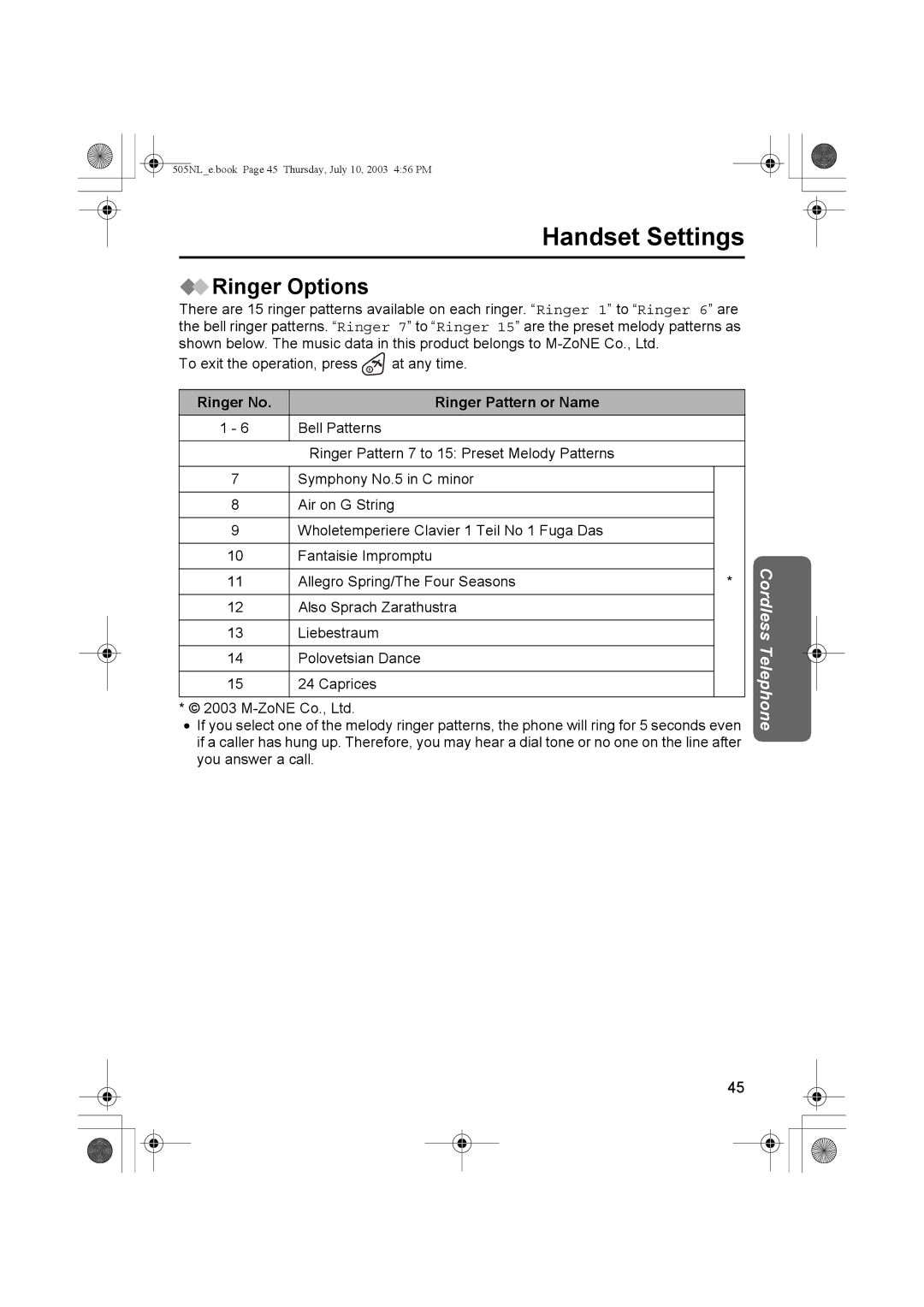 Panasonic KX-TCD505NL operating instructions Ringer Options, Ringer No Ringer Pattern or Name 