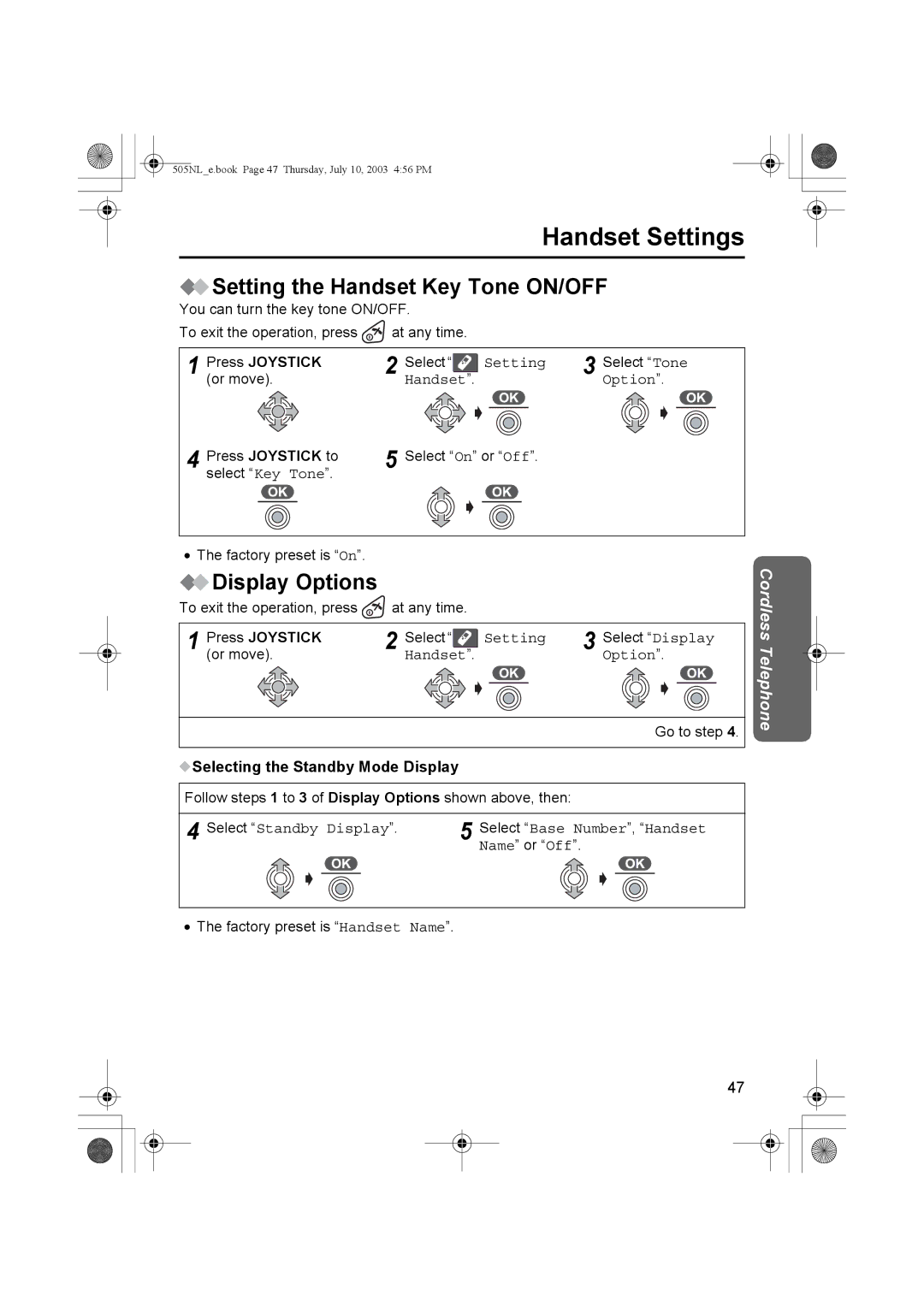 Panasonic KX-TCD505NL Setting the Handset Key Tone ON/OFF, Display Options, Press Joystick to, Select Standby Display 