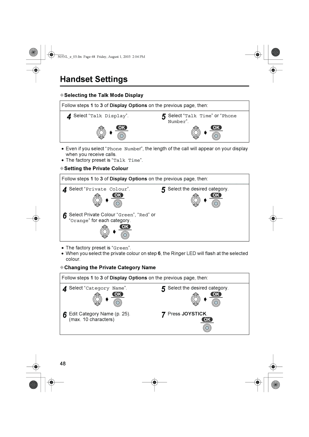 Panasonic KX-TCD505NL Selecting the Talk Mode Display, Setting the Private Colour, Changing the Private Category Name 