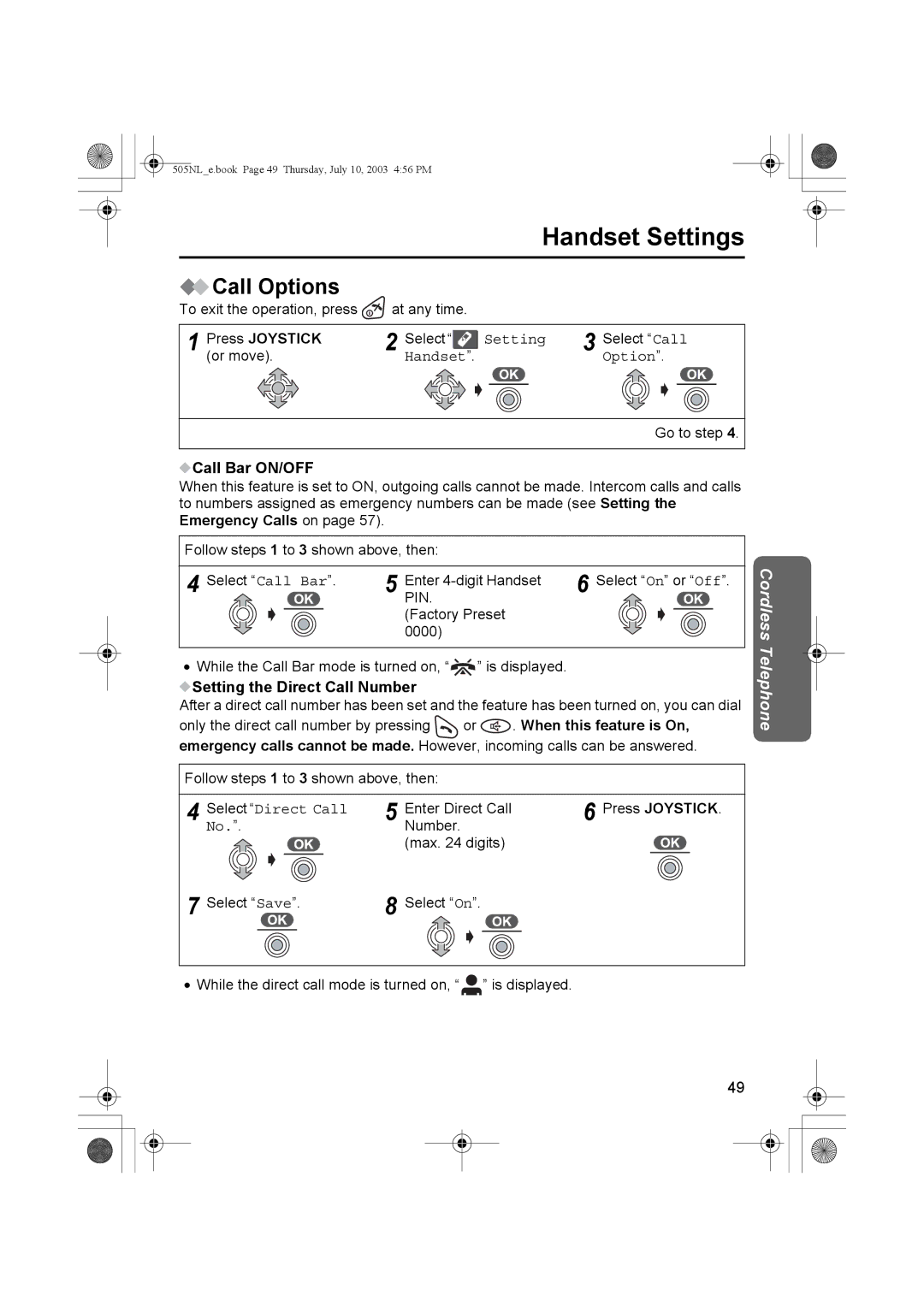 Panasonic KX-TCD505NL Call Options, Call Bar ON/OFF, Setting the Direct Call Number, Select Direct Call 