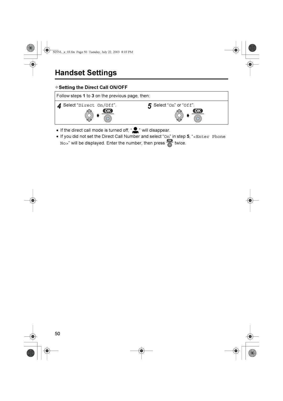 Panasonic KX-TCD505NL operating instructions Setting the Direct Call ON/OFF, Select Direct On/Off 