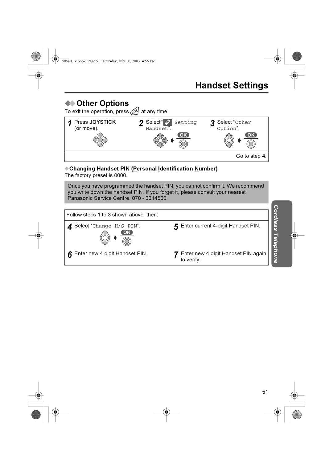 Panasonic KX-TCD505NL Other Options, Changing Handset PIN Personal Identification Number, Select Change H/S PIN 