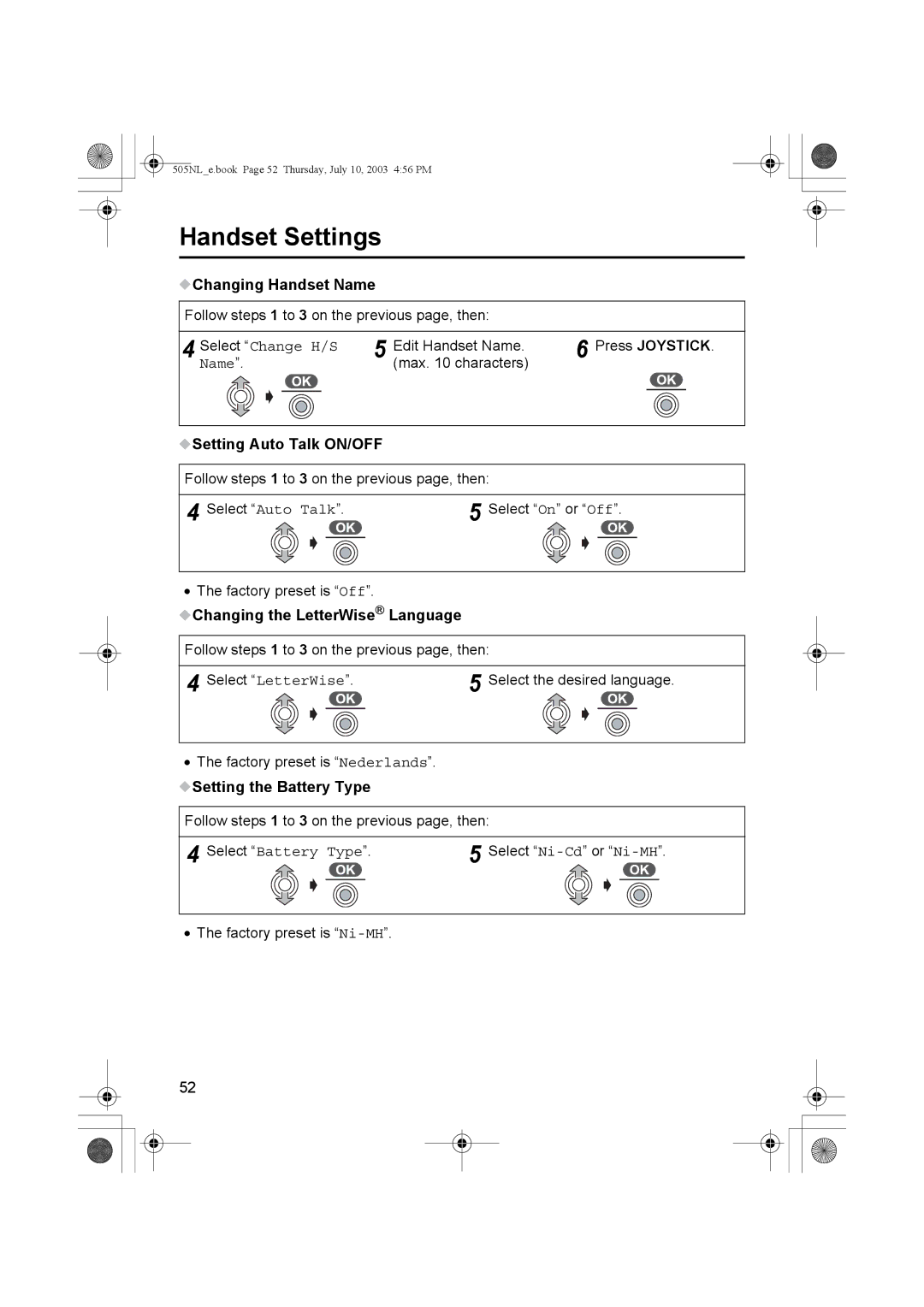 Panasonic KX-TCD505NL Changing Handset Name, Setting Auto Talk ON/OFF, Changing the LetterWise Language 