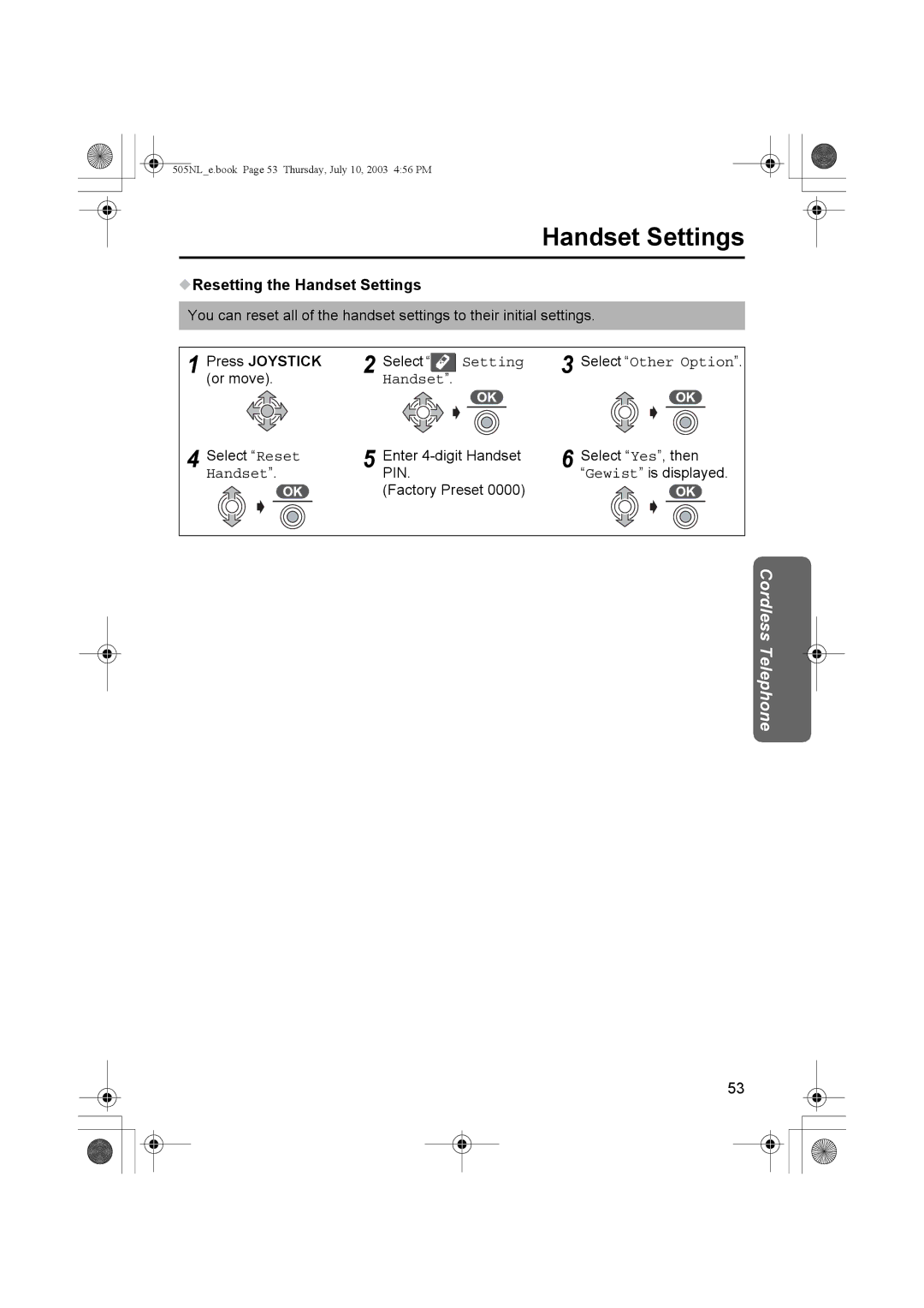 Panasonic KX-TCD505NL operating instructions Resetting the Handset Settings 