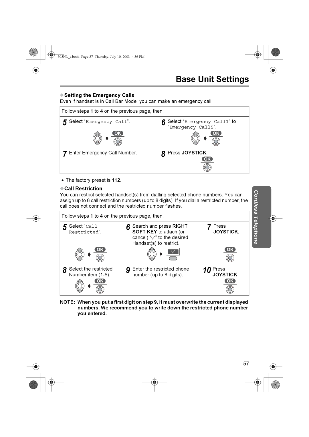 Panasonic KX-TCD505NL operating instructions Setting the Emergency Calls, Call Restriction, PressJOYSTICK 