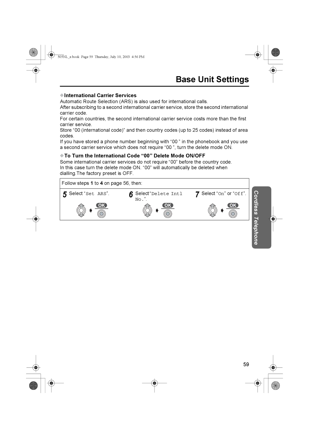 Panasonic KX-TCD505NL International Carrier Services, To Turn the International Code 00 Delete Mode ON/OFF 