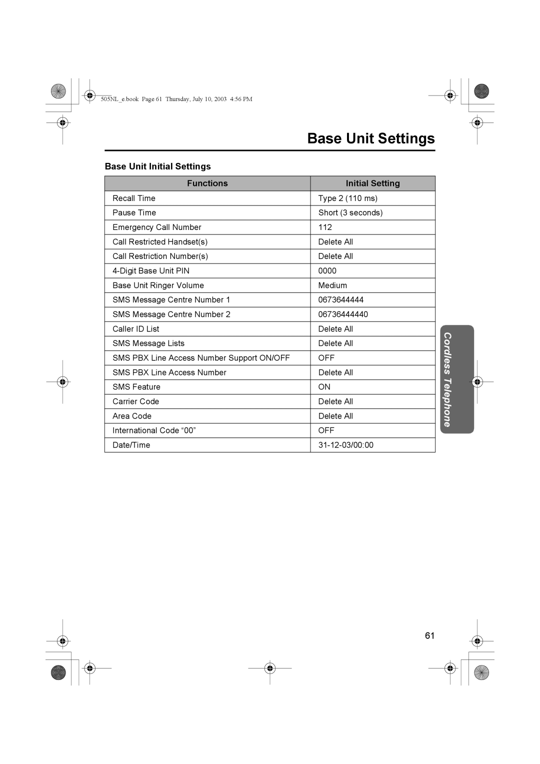 Panasonic KX-TCD505NL operating instructions Base Unit Initial Settings Functions, Off 