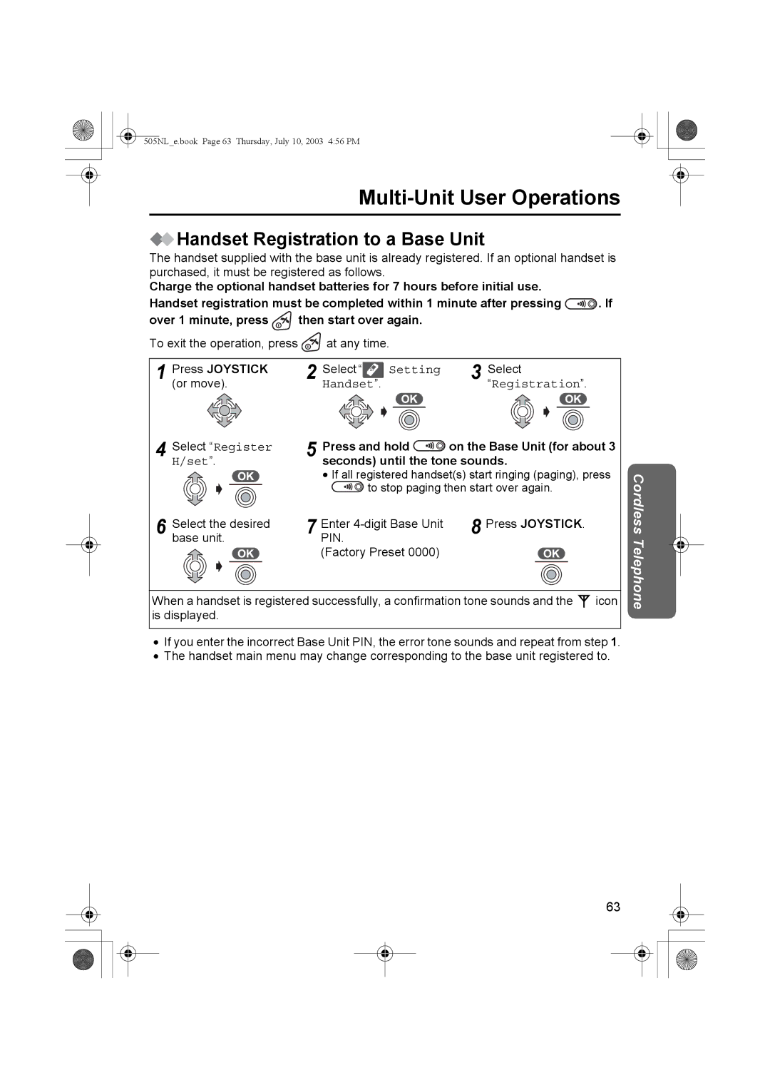 Panasonic KX-TCD505NL operating instructions Handset Registration to a Base Unit, Cordless Telephone 