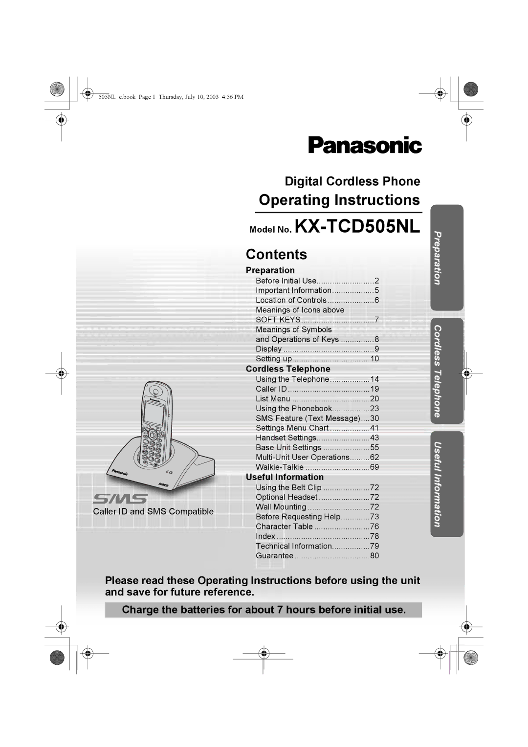 Panasonic operating instructions Model No. KX-TCD505NL, Contents 