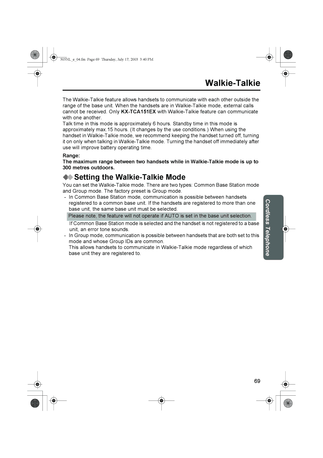 Panasonic KX-TCD505NL operating instructions Setting the Walkie-Talkie Mode 