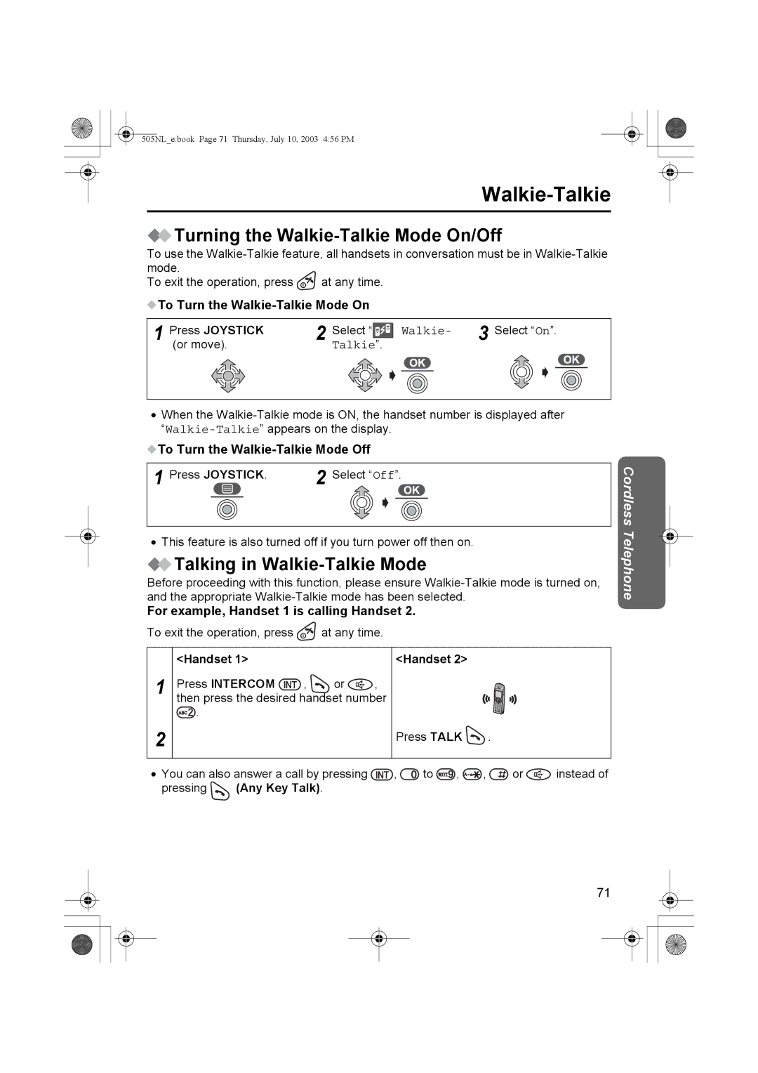 Panasonic KX-TCD505NL operating instructions Turning the Walkie-Talkie Mode On/Off, Talking in Walkie-Talkie Mode 