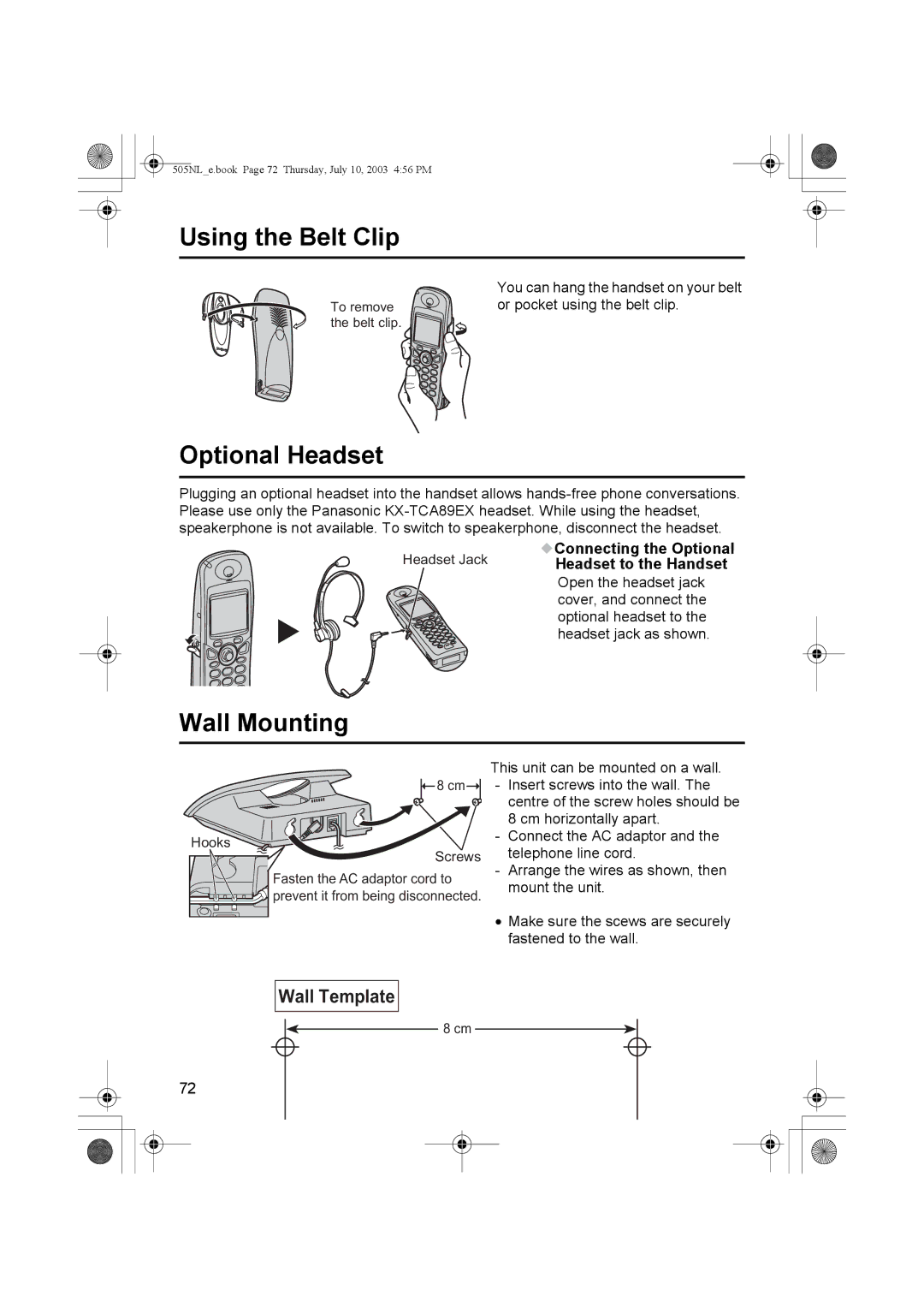 Panasonic KX-TCD505NL operating instructions Using the Belt Clip, Optional Headset, Wall Mounting, Connecting the Optional 