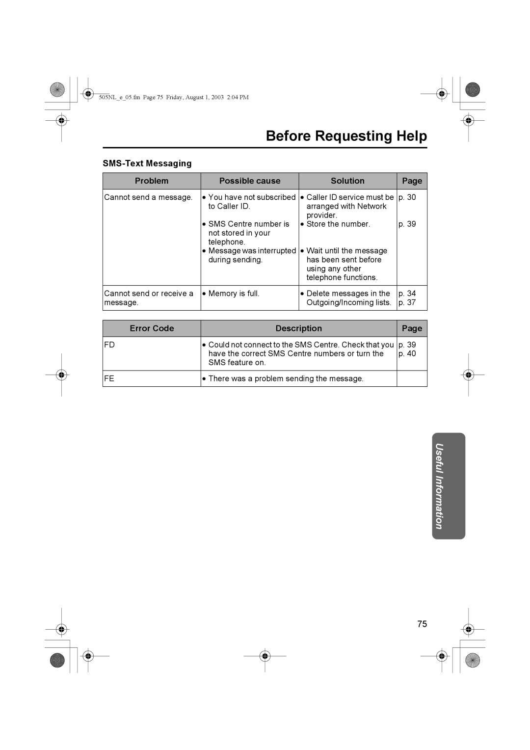 Panasonic KX-TCD505NL operating instructions SMS-Text Messaging Problem Possible cause Solution, Error Code Description 