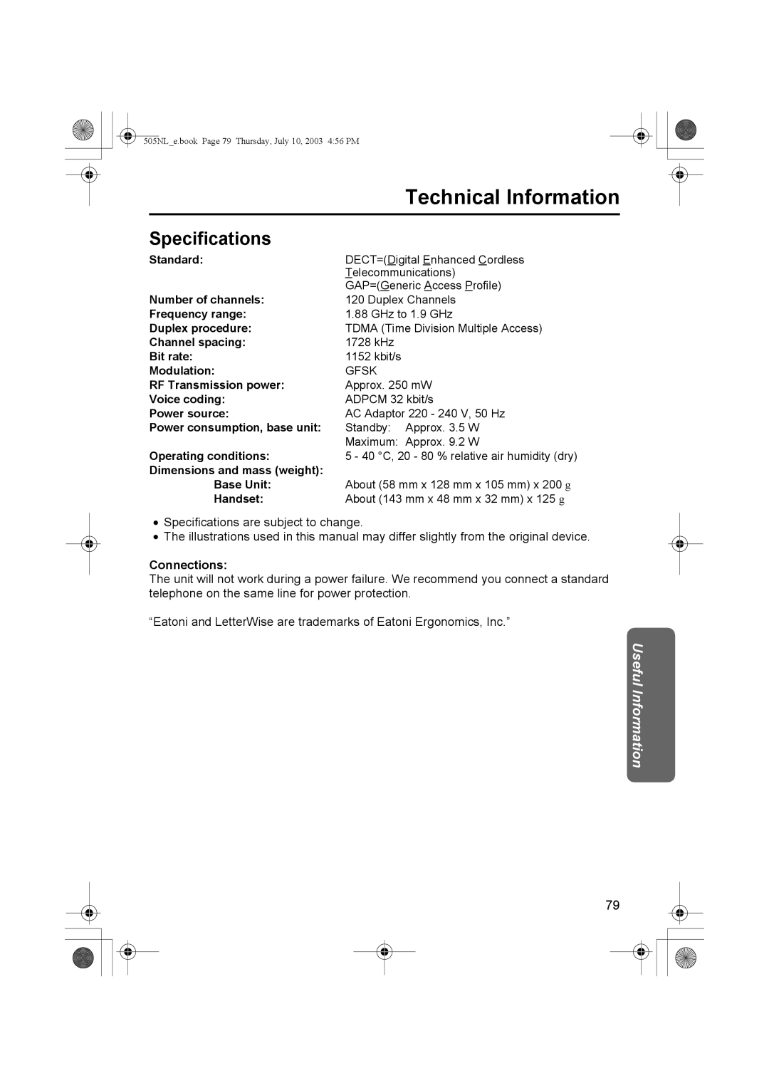 Panasonic KX-TCD505NL operating instructions Technical Information, Specifications, Connections 