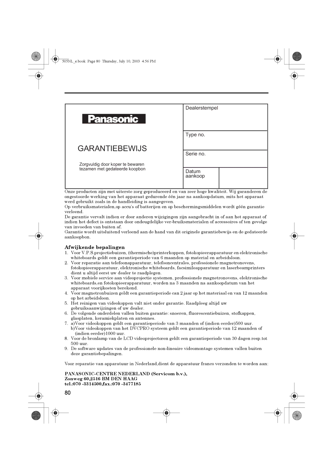 Panasonic KX-TCD505NL operating instructions Garantiebewijs 