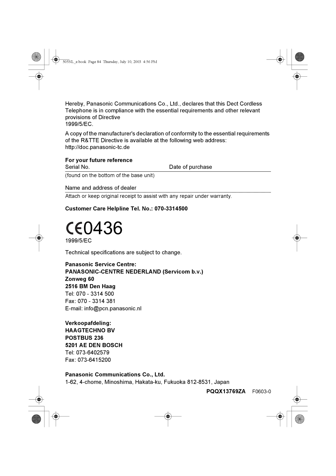 Panasonic KX-TCD505NL For your future reference, Customer Care Helpline Tel. No, Verkoopafdeling, PQQX13769ZA F0603-0 