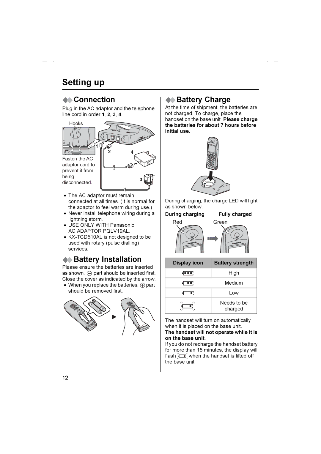 Panasonic KX-TCD510AL operating instructions Setting up, Connection, Battery Installation, Battery Charge 