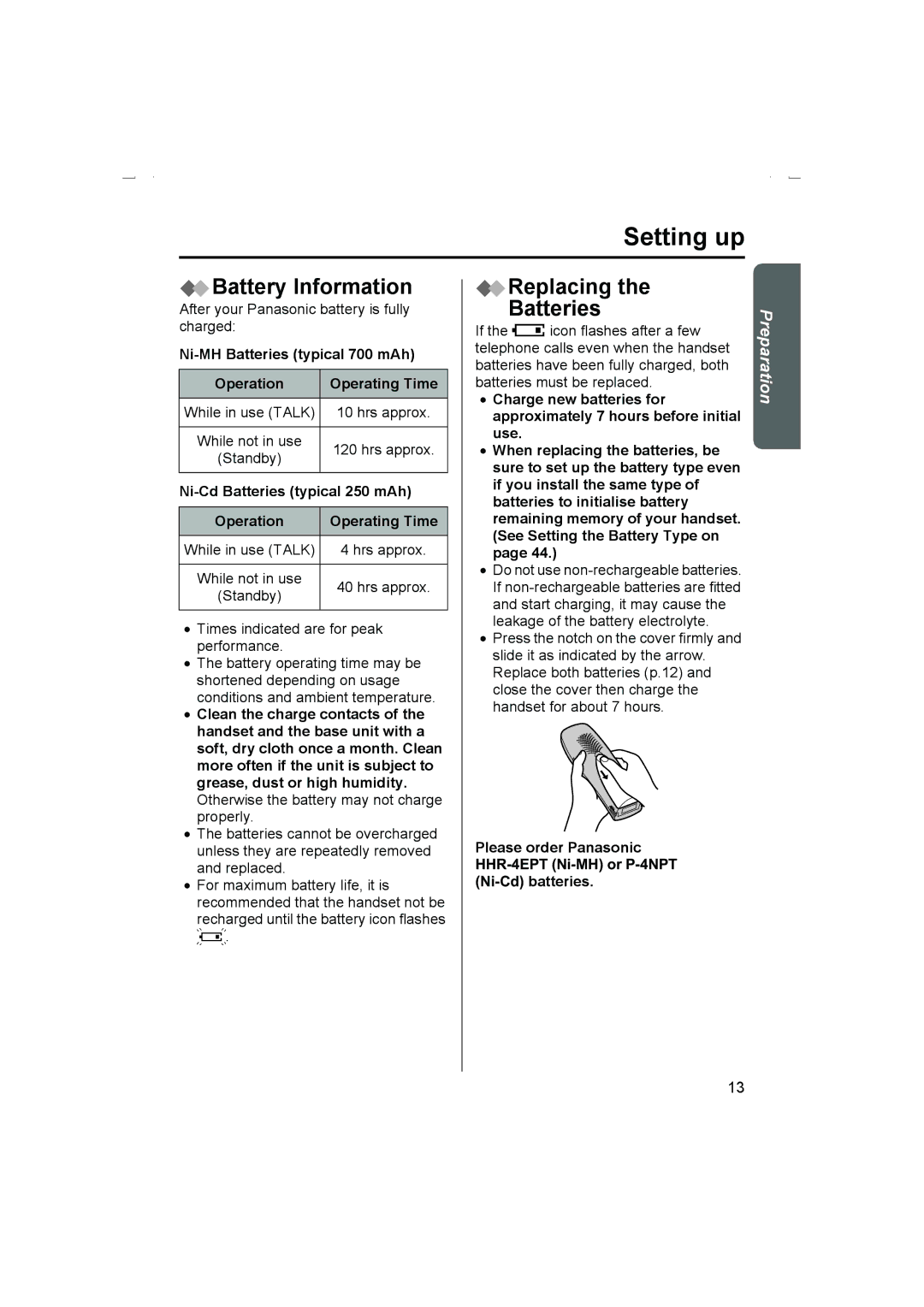 Panasonic KX-TCD510AL Battery Information, Replacing Batteries, Ni-MH Batteries typical 700 mAh Operation Operating Time 