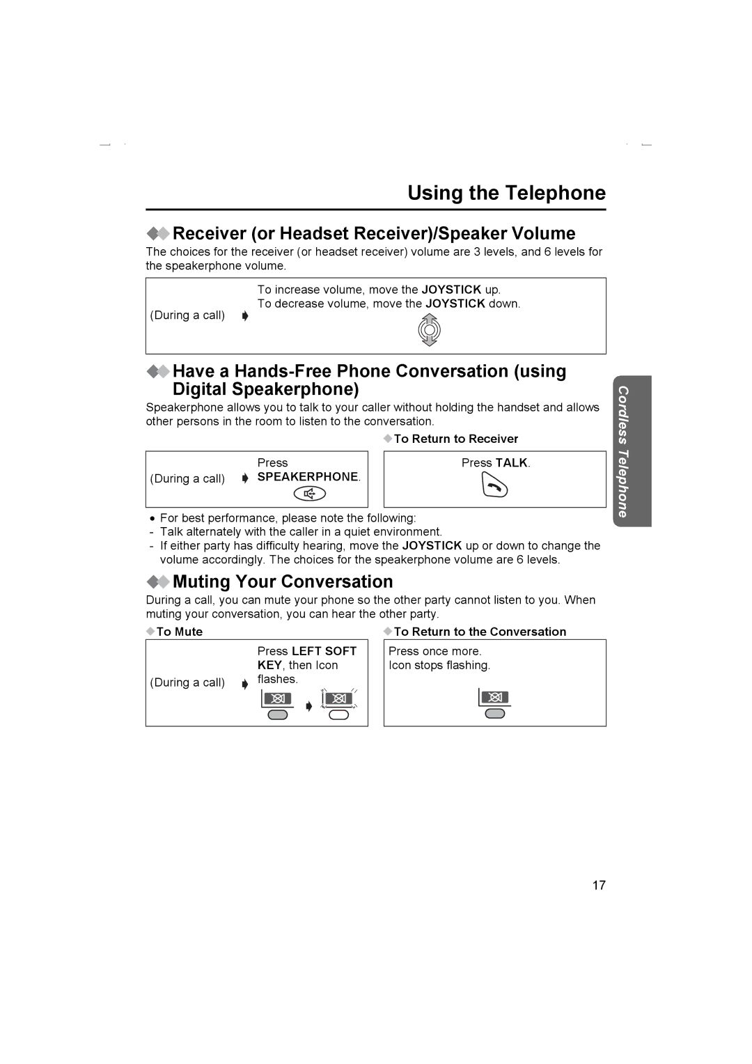 Panasonic KX-TCD510AL Receiver or Headset Receiver/Speaker Volume, Muting Your Conversation, To Return to Receiver 