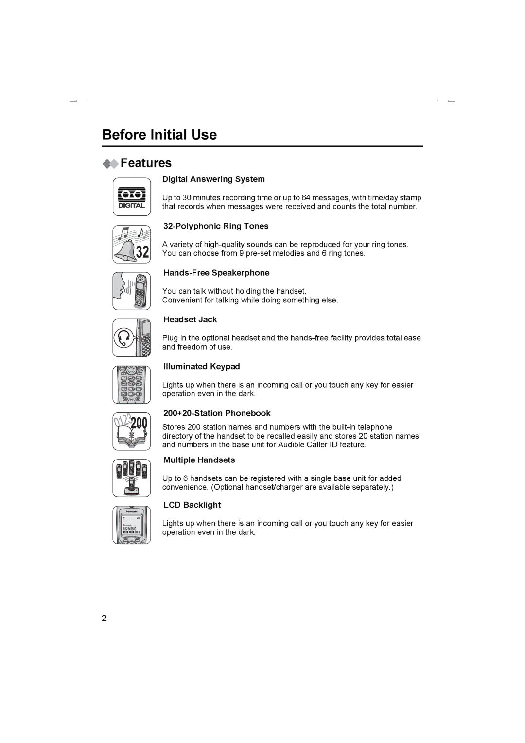 Panasonic KX-TCD510AL operating instructions Before Initial Use, Features 