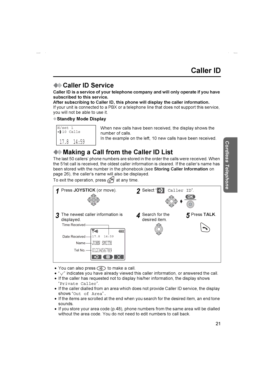 Panasonic KX-TCD510AL Caller ID Service, Making a Call from the Caller ID List, Standby Mode Display 