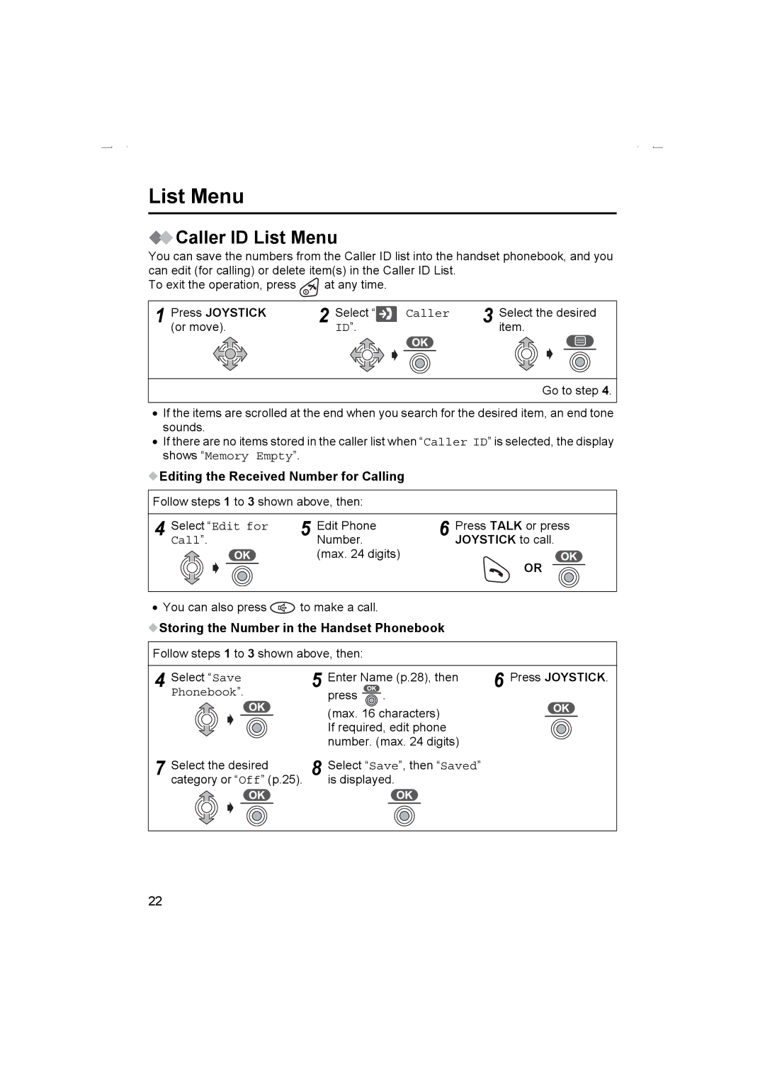 Panasonic KX-TCD510AL Caller ID List Menu, Editing the Received Number for Calling, Joystick to call 