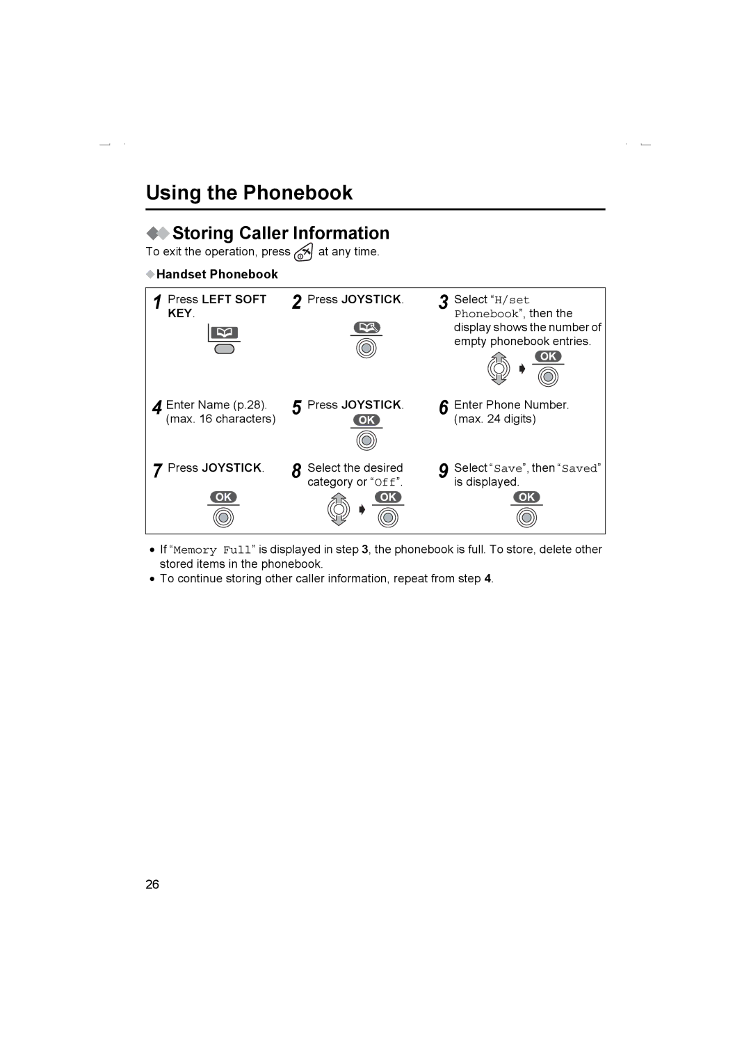 Panasonic KX-TCD510AL operating instructions Storing Caller Information, Handset Phonebook Press Left Soft Press Joystick 