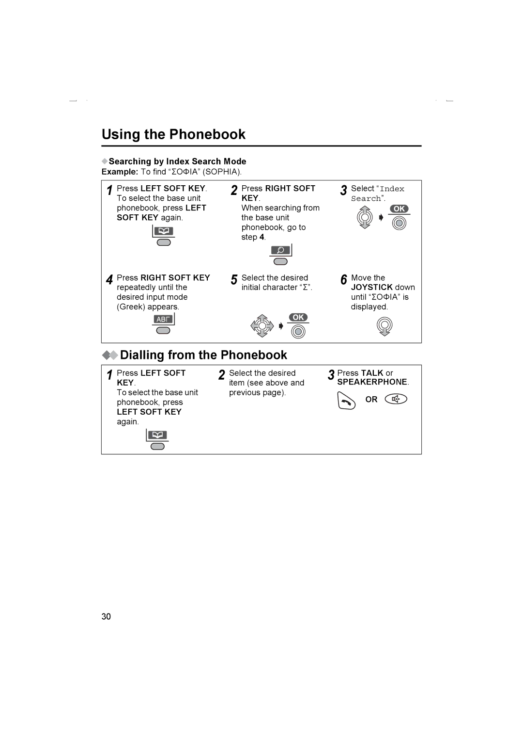 Panasonic KX-TCD510AL Dialling from the Phonebook, Searching by Index Search Mode, Press Left Soft KEY Press Right Soft 